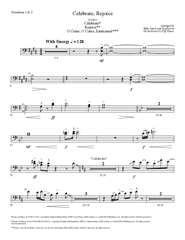 Celebrate Rejoice with O Come O Come Emmanuel (Choral Anthem SATB) Trombone 1/2 (Lillenas Choral / Arr. Mike Speck / Arr. Tim Parton / Orch. Cliff Duren)