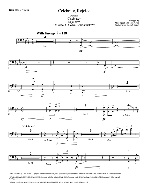 Celebrate Rejoice with O Come O Come Emmanuel (Choral Anthem SATB) Trombone 3/Tuba (Lillenas Choral / Arr. Mike Speck / Arr. Tim Parton / Orch. Cliff Duren)