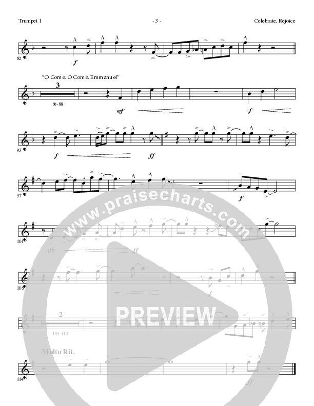 Celebrate Rejoice with O Come O Come Emmanuel (Choral Anthem SATB) Trumpet 1 (Lillenas Choral / Arr. Mike Speck / Arr. Tim Parton / Orch. Cliff Duren)