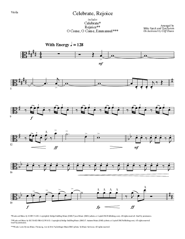 Celebrate Rejoice with O Come O Come Emmanuel (Choral Anthem SATB) Viola (Lillenas Choral / Arr. Mike Speck / Arr. Tim Parton / Orch. Cliff Duren)