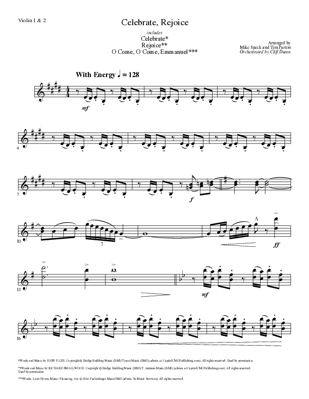Celebrate Rejoice with O Come O Come Emmanuel (Choral Anthem SATB) Violin 1/2 (Lillenas Choral / Arr. Mike Speck / Arr. Tim Parton / Orch. Cliff Duren)