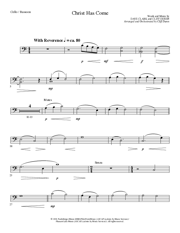 Christ Has Come (Choral Anthem SATB) Cello (Lillenas Choral / Arr. Cliff Duren)