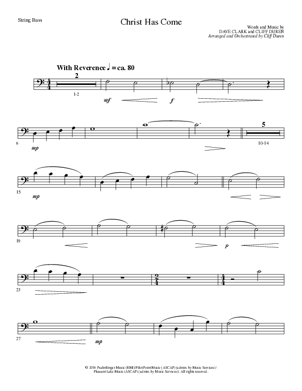 Christ Has Come (Choral Anthem SATB) String Bass (Lillenas Choral / Arr. Cliff Duren)