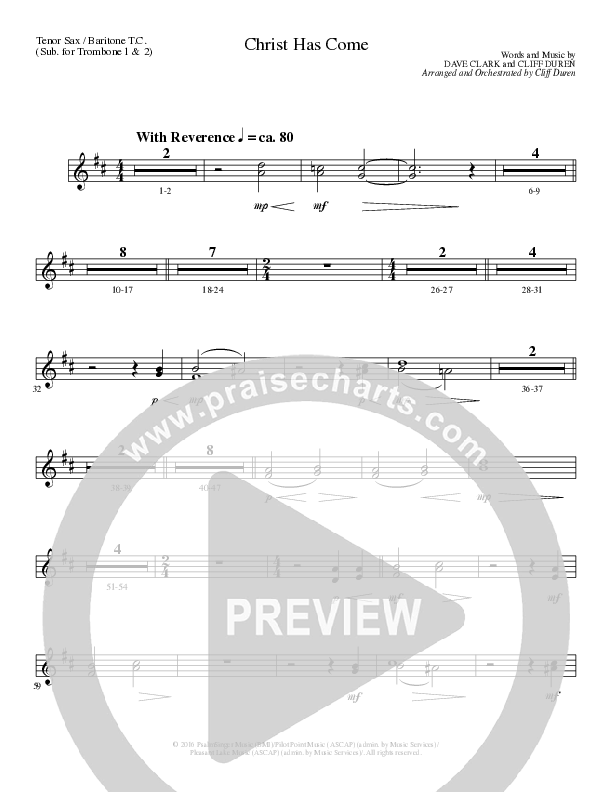 Christ Has Come (Choral Anthem SATB) Tenor Sax/Baritone T.C. (Lillenas Choral / Arr. Cliff Duren)