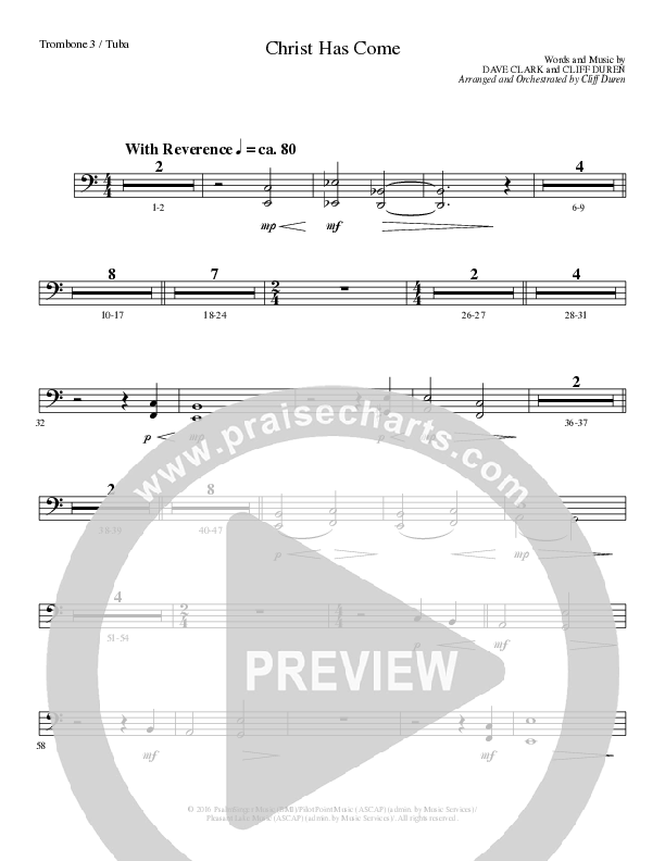 Christ Has Come (Choral Anthem SATB) Trombone 3/Tuba (Lillenas Choral / Arr. Cliff Duren)