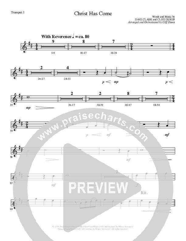 Christ Has Come (Choral Anthem SATB) Trumpet 1,2 (Lillenas Choral / Arr. Cliff Duren)