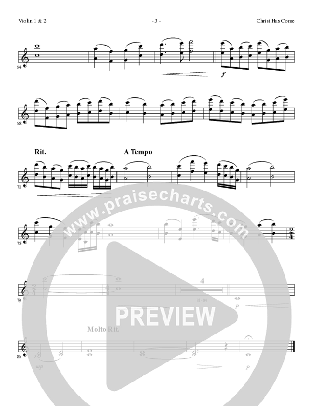 Christ Has Come (Choral Anthem SATB) Violin 1/2 (Lillenas Choral / Arr. Cliff Duren)