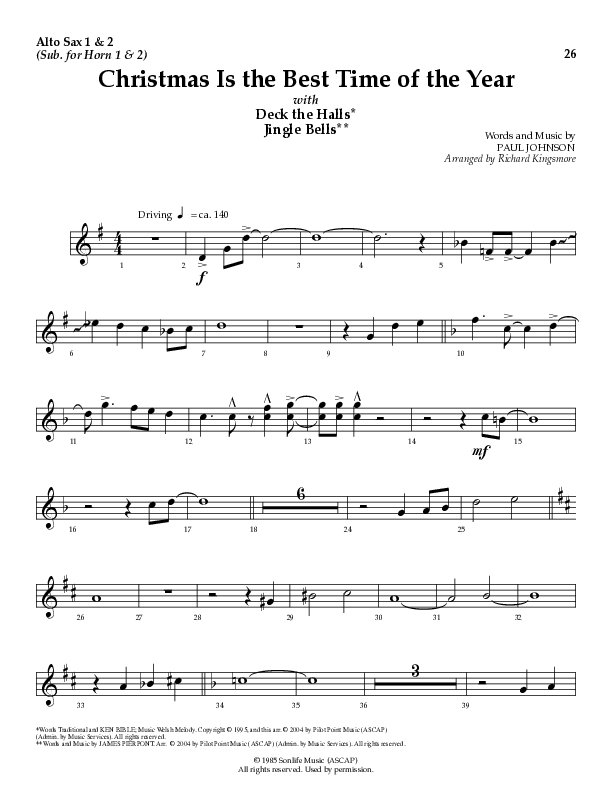Christmas Is The Best Time Of The Year with Deck The Halls, Jingle Bells (Choral Anthem SATB) Alto Sax (Lillenas Choral / Arr. Richard Kingsmore)