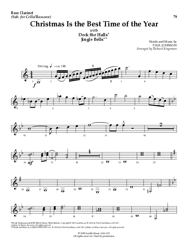 Christmas Is The Best Time Of The Year with Deck The Halls, Jingle Bells (Choral Anthem SATB) Bass Clarinet (Lillenas Choral / Arr. Richard Kingsmore)