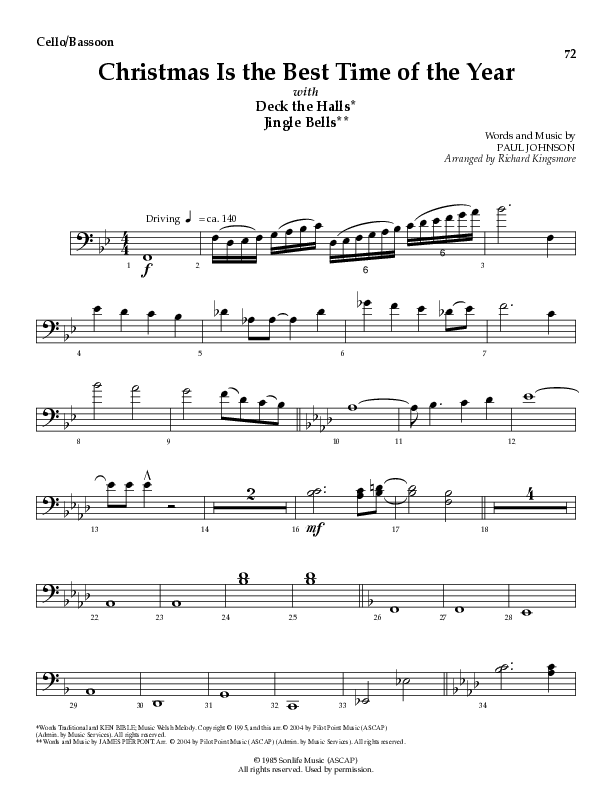 Christmas Is The Best Time Of The Year with Deck The Halls, Jingle Bells (Choral Anthem SATB) Cello/Bass (Lillenas Choral / Arr. Richard Kingsmore)