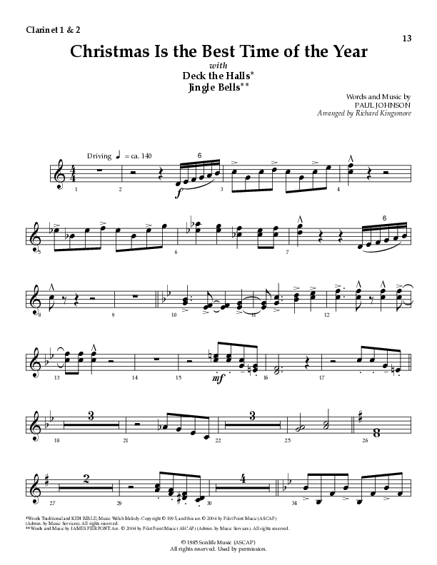 Christmas Is The Best Time Of The Year with Deck The Halls, Jingle Bells (Choral Anthem SATB) Clarinet 1/2 (Lillenas Choral / Arr. Richard Kingsmore)