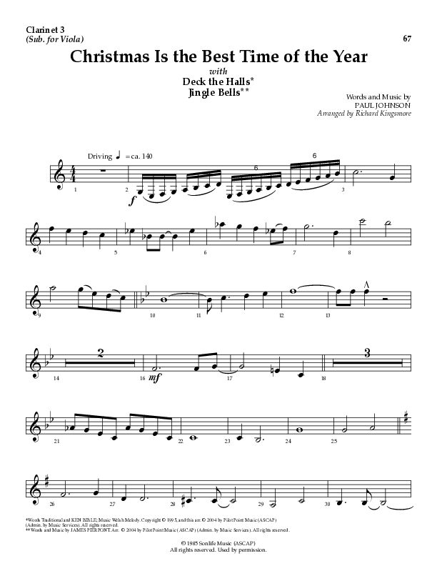 Christmas Is The Best Time Of The Year with Deck The Halls, Jingle Bells (Choral Anthem SATB) Clarinet 3 (Lillenas Choral / Arr. Richard Kingsmore)