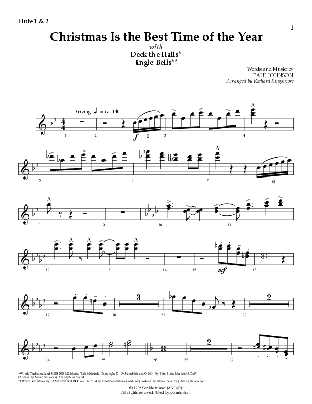 Christmas Is The Best Time Of The Year with Deck The Halls, Jingle Bells (Choral Anthem SATB) Flute 1/2 (Lillenas Choral / Arr. Richard Kingsmore)