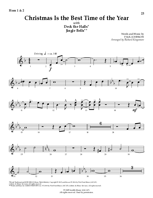 Christmas Is The Best Time Of The Year with Deck The Halls, Jingle Bells (Choral Anthem SATB) French Horn (Lillenas Choral / Arr. Richard Kingsmore)