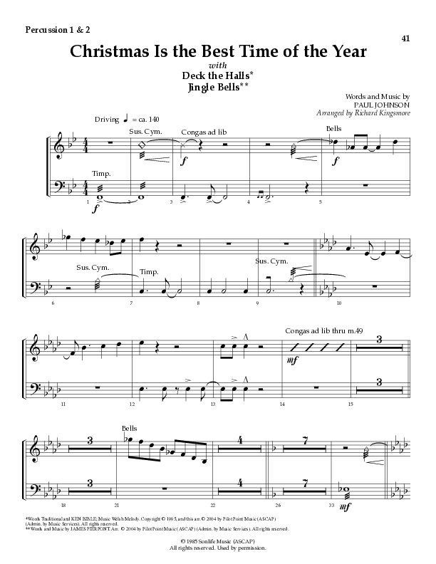 Christmas Is The Best Time Of The Year with Deck The Halls, Jingle Bells (Choral Anthem SATB) Percussion (Lillenas Choral / Arr. Richard Kingsmore)
