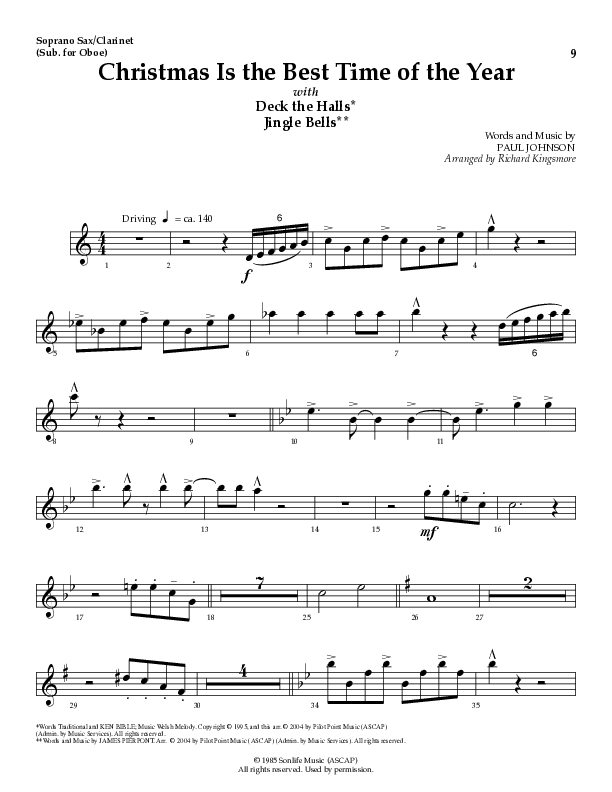 Christmas Is The Best Time Of The Year with Deck The Halls, Jingle Bells (Choral Anthem SATB) Soprano Sax (Lillenas Choral / Arr. Richard Kingsmore)
