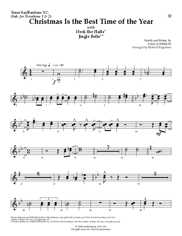 Christmas Is The Best Time Of The Year with Deck The Halls, Jingle Bells (Choral Anthem SATB) Tenor Sax/Baritone T.C. (Lillenas Choral / Arr. Richard Kingsmore)