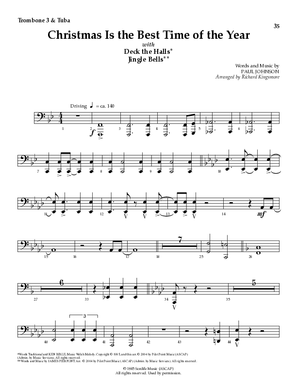 Christmas Is The Best Time Of The Year with Deck The Halls, Jingle Bells (Choral Anthem SATB) Trombone 3/Tuba (Lillenas Choral / Arr. Richard Kingsmore)