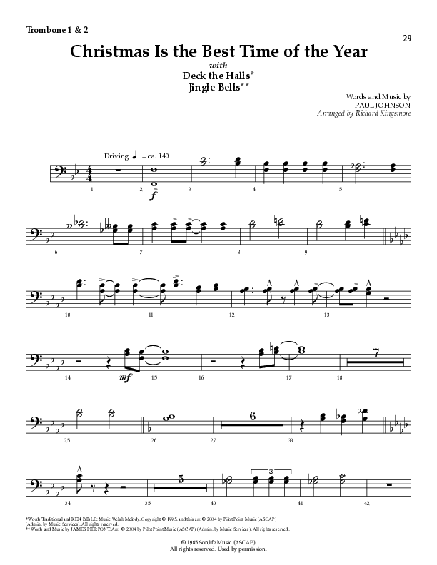 Christmas Is The Best Time Of The Year with Deck The Halls, Jingle Bells (Choral Anthem SATB) Trombone (Lillenas Choral / Arr. Richard Kingsmore)