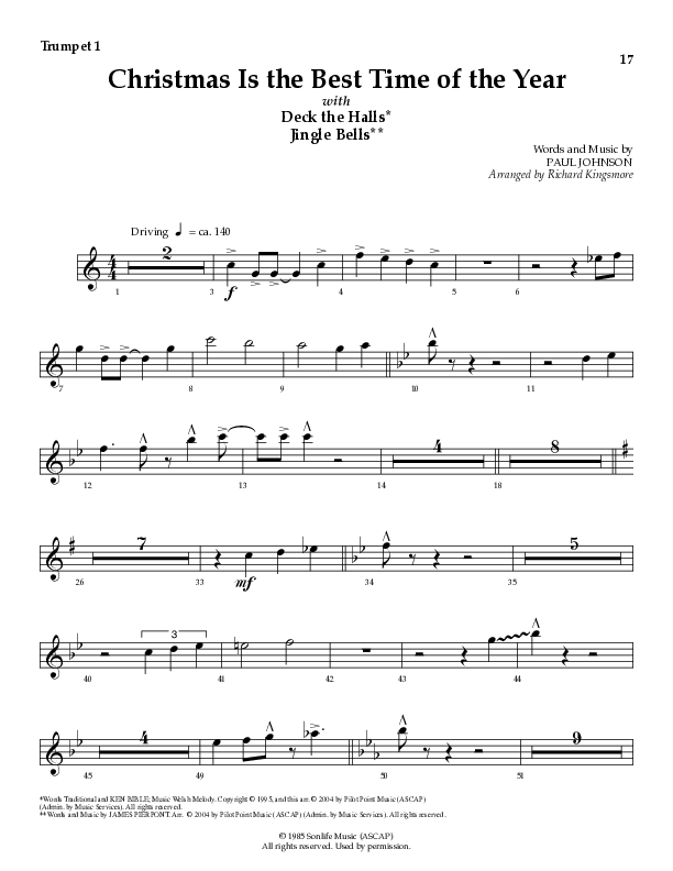 Christmas Is The Best Time Of The Year with Deck The Halls, Jingle Bells (Choral Anthem SATB) Trumpet 1 (Lillenas Choral / Arr. Richard Kingsmore)