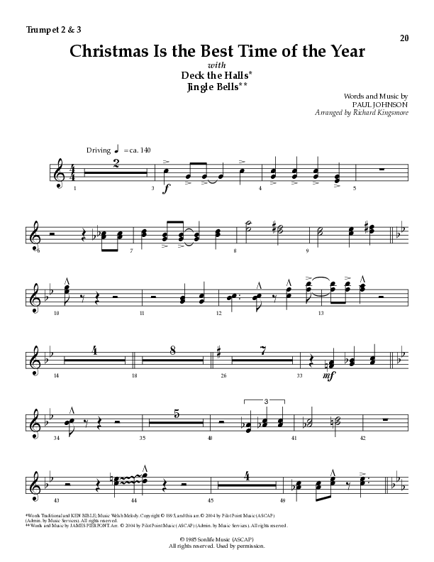 Christmas Is The Best Time Of The Year with Deck The Halls, Jingle Bells (Choral Anthem SATB) Trumpet 2/3 (Lillenas Choral / Arr. Richard Kingsmore)