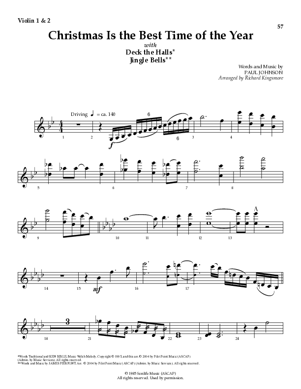 Christmas Is The Best Time Of The Year with Deck The Halls, Jingle Bells (Choral Anthem SATB) Violin 1/2 (Lillenas Choral / Arr. Richard Kingsmore)