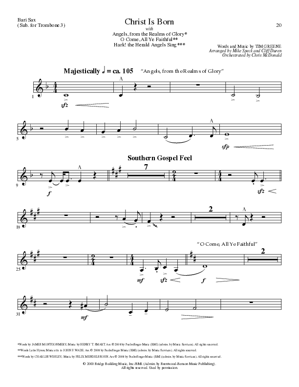 Christ Is Born with Angels From The Realms, O Come All Ye Faithful, Hark The Herald Angels Sing (Choral Anthem SATB) Bari Sax (Lillenas Choral / Arr. Mike Speck / Arr. Cliff Duren / Orch. Chris McDonald)