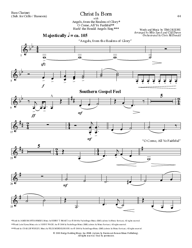 Christ Is Born with Angels From The Realms, O Come All Ye Faithful, Hark The Herald Angels Sing (Choral Anthem SATB) Bass Clarinet (Lillenas Choral / Arr. Mike Speck / Arr. Cliff Duren / Orch. Chris McDonald)