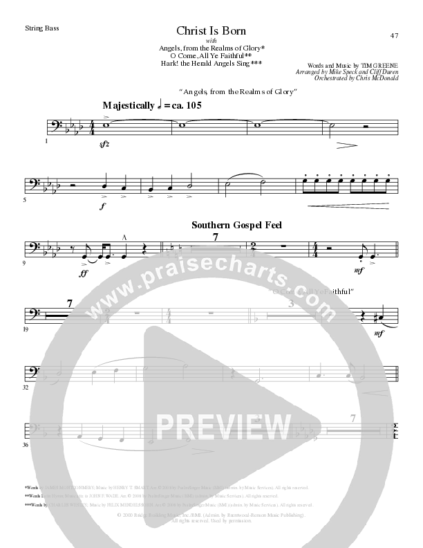 Christ Is Born with Angels From The Realms, O Come All Ye Faithful, Hark The Herald Angels Sing (Choral Anthem SATB) Double Bass (Lillenas Choral / Arr. Mike Speck / Arr. Cliff Duren / Orch. Chris McDonald)