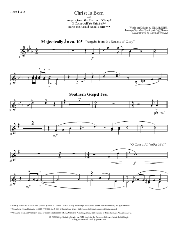 Christ Is Born with Angels From The Realms, O Come All Ye Faithful, Hark The Herald Angels Sing (Choral Anthem SATB) French Horn 1/2 (Lillenas Choral / Arr. Mike Speck / Arr. Cliff Duren / Orch. Chris McDonald)