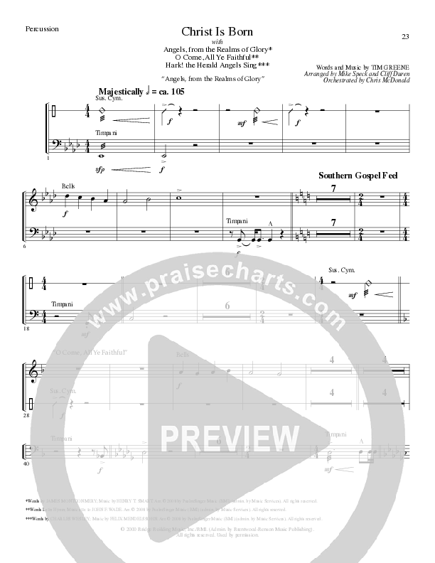 Christ Is Born with Angels From The Realms, O Come All Ye Faithful, Hark The Herald Angels Sing (Choral Anthem SATB) Percussion (Lillenas Choral / Arr. Mike Speck / Arr. Cliff Duren / Orch. Chris McDonald)