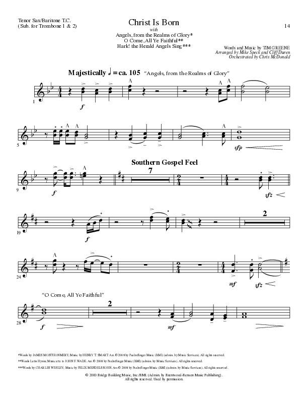 Christ Is Born with Angels From The Realms, O Come All Ye Faithful, Hark The Herald Angels Sing (Choral Anthem SATB) Tenor Sax/Baritone T.C. (Lillenas Choral / Arr. Mike Speck / Arr. Cliff Duren / Orch. Chris McDonald)
