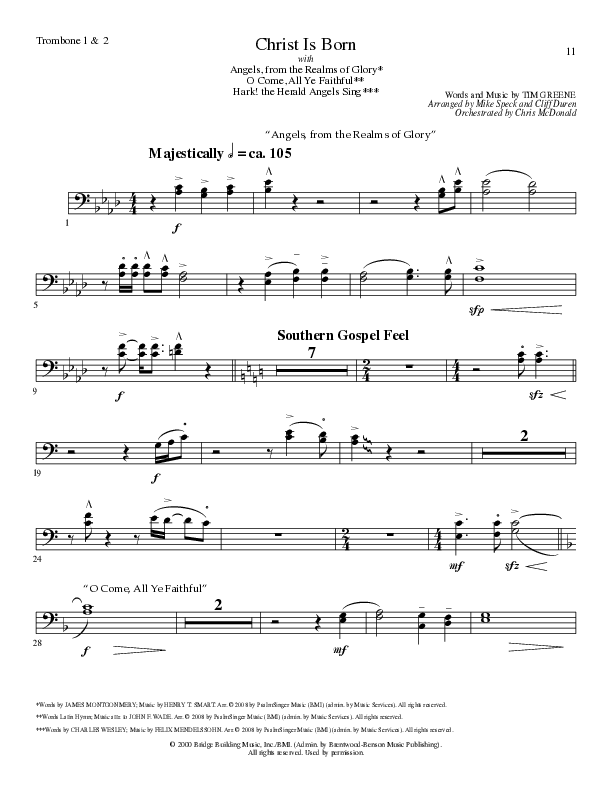Christ Is Born with Angels From The Realms, O Come All Ye Faithful, Hark The Herald Angels Sing (Choral Anthem SATB) Trombone 1/2 (Lillenas Choral / Arr. Mike Speck / Arr. Cliff Duren / Orch. Chris McDonald)