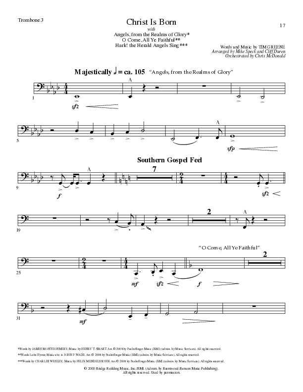Christ Is Born with Angels From The Realms, O Come All Ye Faithful, Hark The Herald Angels Sing (Choral Anthem SATB) Trombone 3 (Lillenas Choral / Arr. Mike Speck / Arr. Cliff Duren / Orch. Chris McDonald)