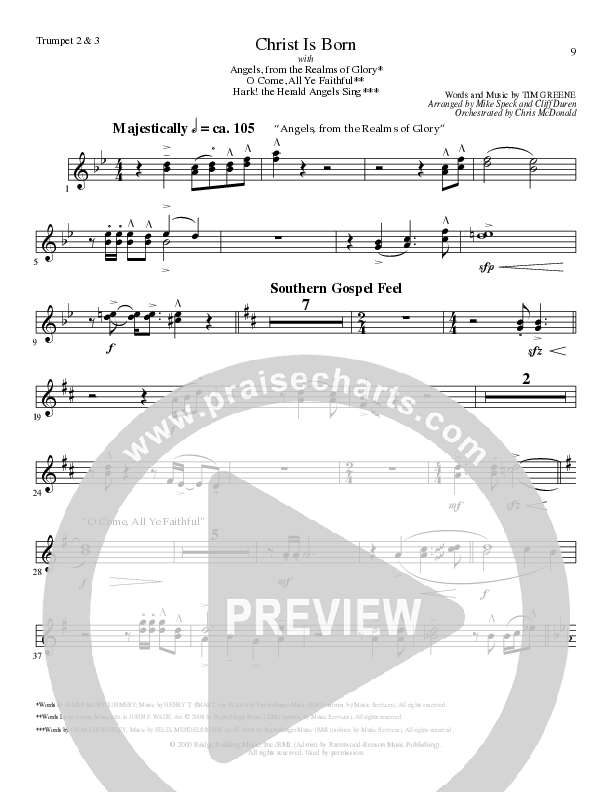 Christ Is Born with Angels From The Realms, O Come All Ye Faithful, Hark The Herald Angels Sing (Choral Anthem SATB) Trumpet 2/3 (Lillenas Choral / Arr. Mike Speck / Arr. Cliff Duren / Orch. Chris McDonald)