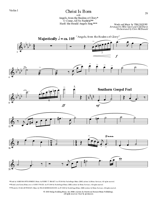 Christ Is Born with Angels From The Realms, O Come All Ye Faithful, Hark The Herald Angels Sing (Choral Anthem SATB) Violin 1 (Lillenas Choral / Arr. Mike Speck / Arr. Cliff Duren / Orch. Chris McDonald)