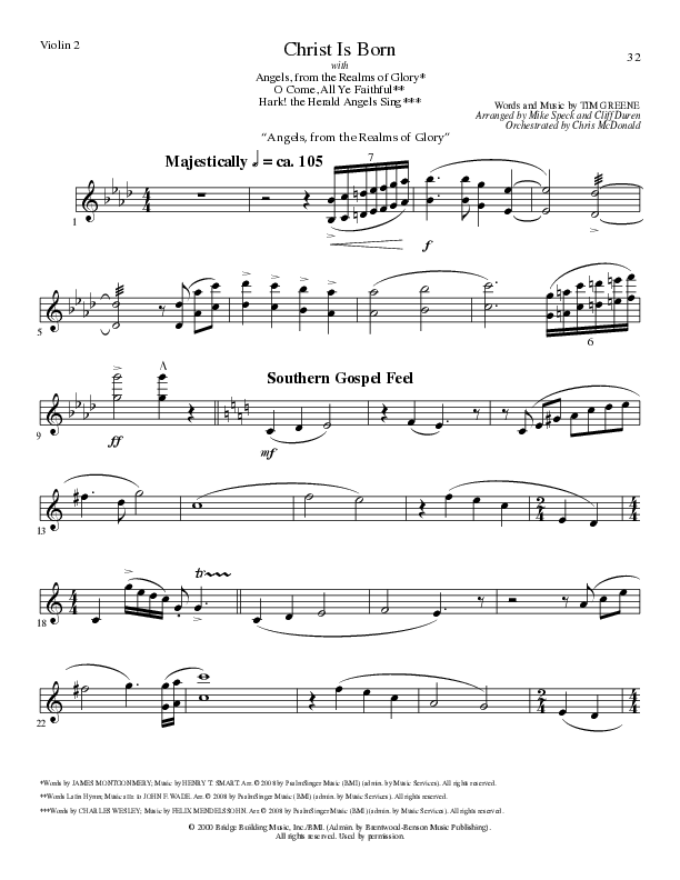 Christ Is Born with Angels From The Realms, O Come All Ye Faithful, Hark The Herald Angels Sing (Choral Anthem SATB) Violin 2 (Lillenas Choral / Arr. Mike Speck / Arr. Cliff Duren / Orch. Chris McDonald)
