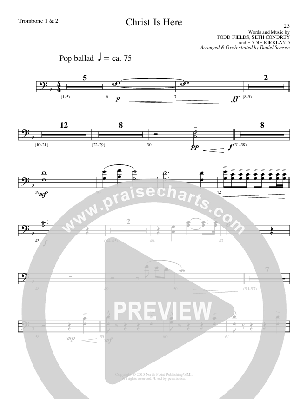Christ Is Here (Choral Anthem SATB) Trombone 1/2 (Lillenas Choral / Arr. Daniel Semsen)
