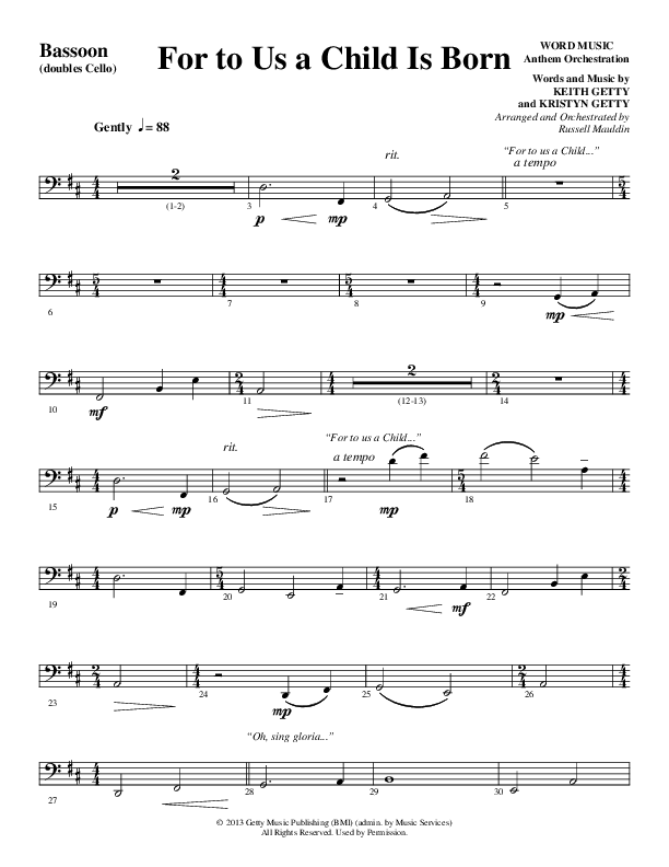 For To Us A Child Is Born (Choral Anthem SATB) Bassoon (Word Music Choral / Arr. Russell Mauldin)