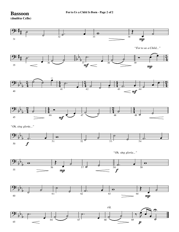 For To Us A Child Is Born (Choral Anthem SATB) Bassoon (Word Music Choral / Arr. Russell Mauldin)