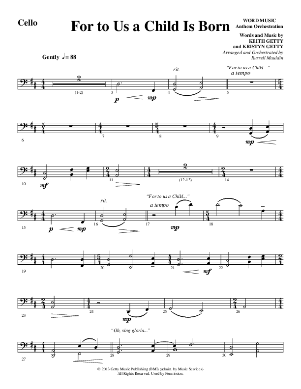 For To Us A Child Is Born (Choral Anthem SATB) Cello (Word Music Choral / Arr. Russell Mauldin)