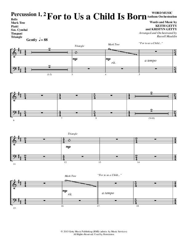 For To Us A Child Is Born (Choral Anthem SATB) Percussion 1/2 (Word Music Choral / Arr. Russell Mauldin)
