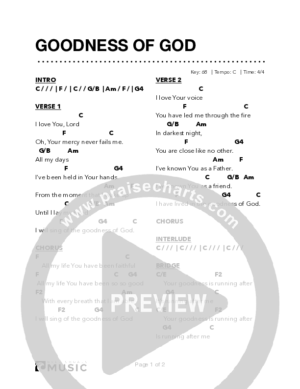 Goodness Of God Chord Chart (Bell Shoals Music)