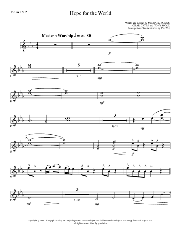 Hope For The World (Choral Anthem SATB) Violin 1/2 (Lillenas Choral / Arr. Phil Nitz)