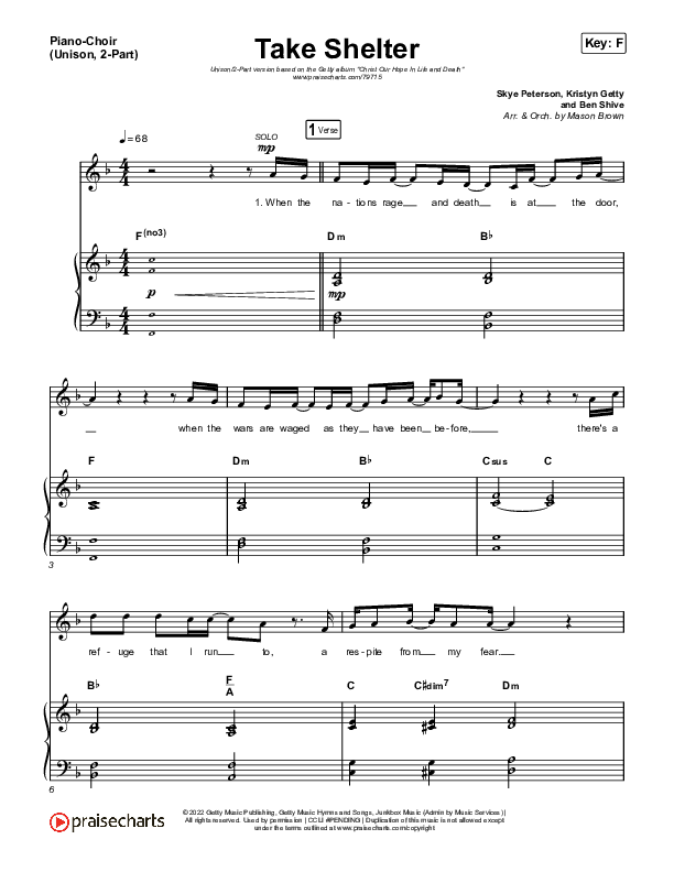 Take Shelter (Unison/2-Part Choir) Piano/Choir  (Uni/2-Part) (Keith & Kristyn Getty / Skye Peterson / Arr. Mason Brown)
