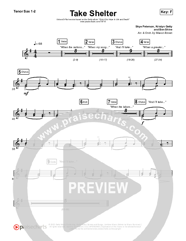 Take Shelter (Unison/2-Part Choir) Tenor Sax 1/2 (Keith & Kristyn Getty / Skye Peterson / Arr. Mason Brown)