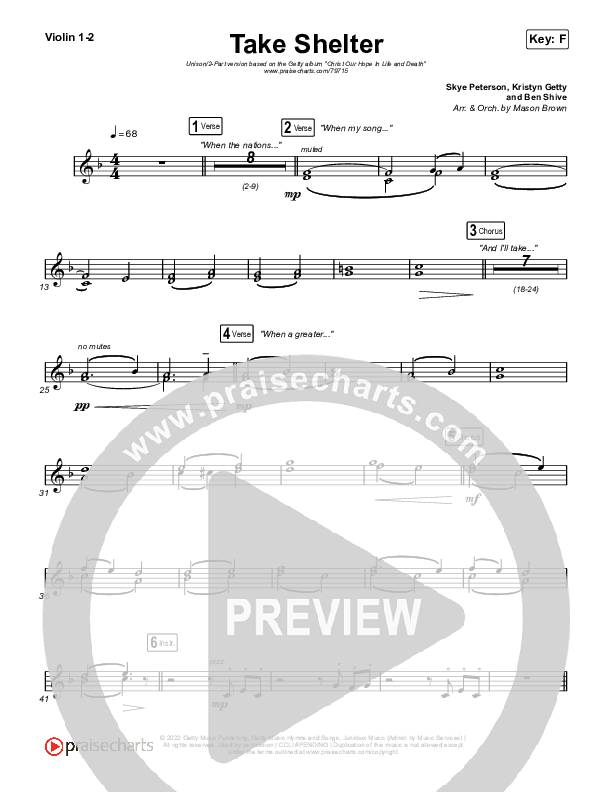 Take Shelter (Unison/2-Part Choir) Violin 1/2 (Keith & Kristyn Getty / Skye Peterson / Arr. Mason Brown)