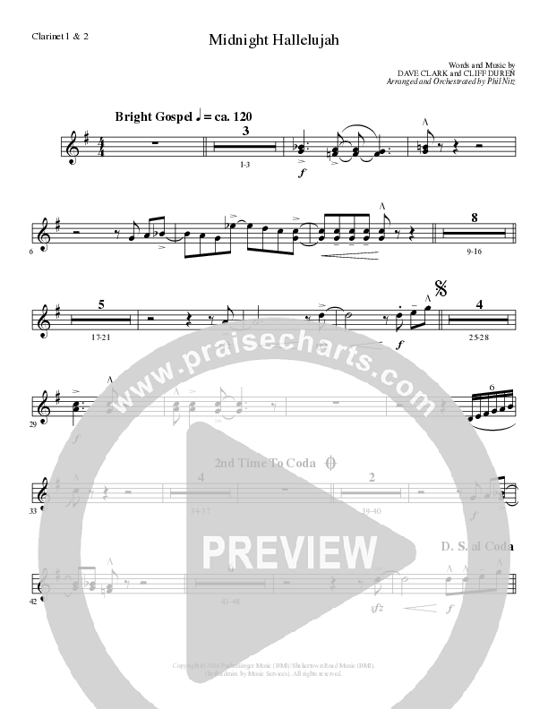 Midnight Hallelujah (Choral Anthem SATB) Clarinet 1/2 (Lillenas Choral / Arr. Phil Nitz)
