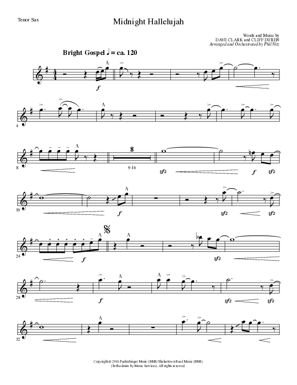 Midnight Hallelujah (Choral Anthem SATB) Tenor Sax/Baritone T.C. (Lillenas Choral / Arr. Phil Nitz)