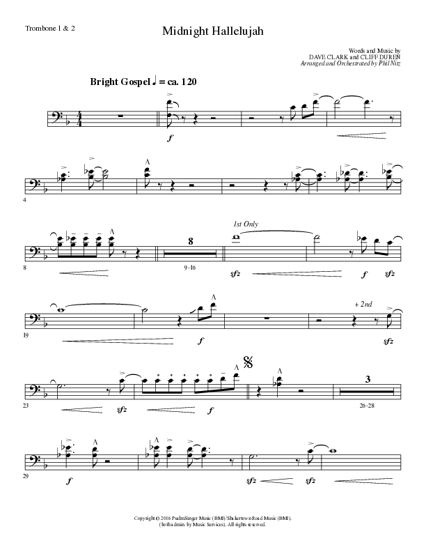Midnight Hallelujah (Choral Anthem SATB) Trombone 1/2 (Lillenas Choral / Arr. Phil Nitz)